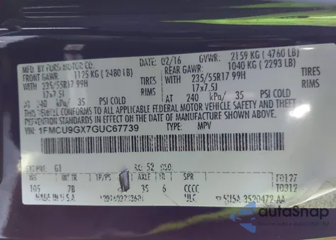 2016 Ford Escape Se z USA, uszkodzony, nr VIN 1FMCU9GX7GUC67739